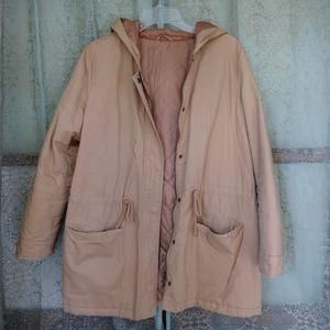 Lightweight golden mid length coat big pockets hood drawstring waist